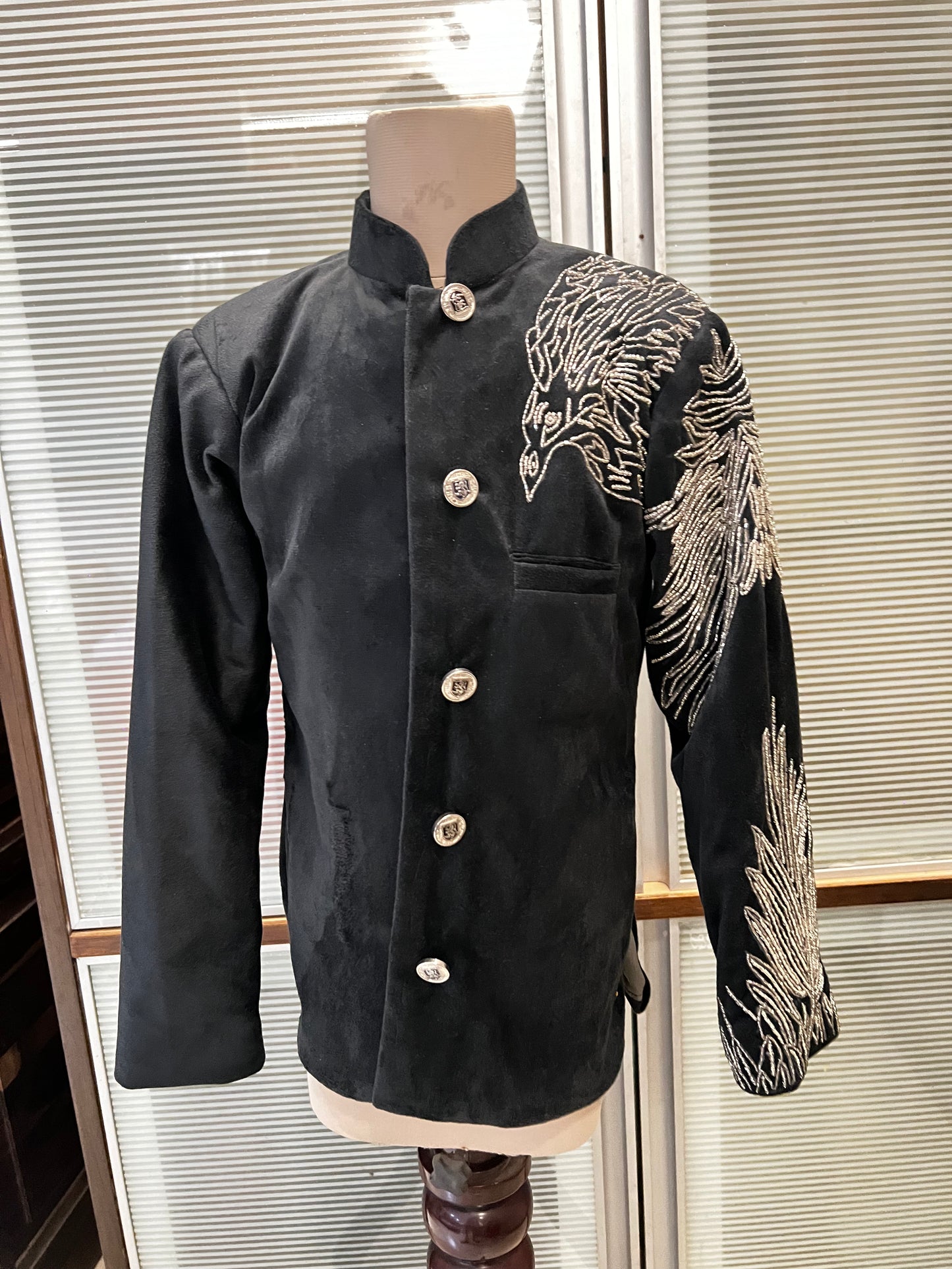 Black Suede Eagle Achkan