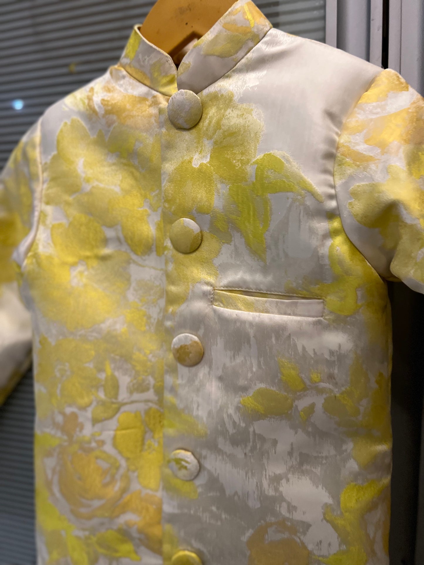 yellow jacquard floral achkan set
