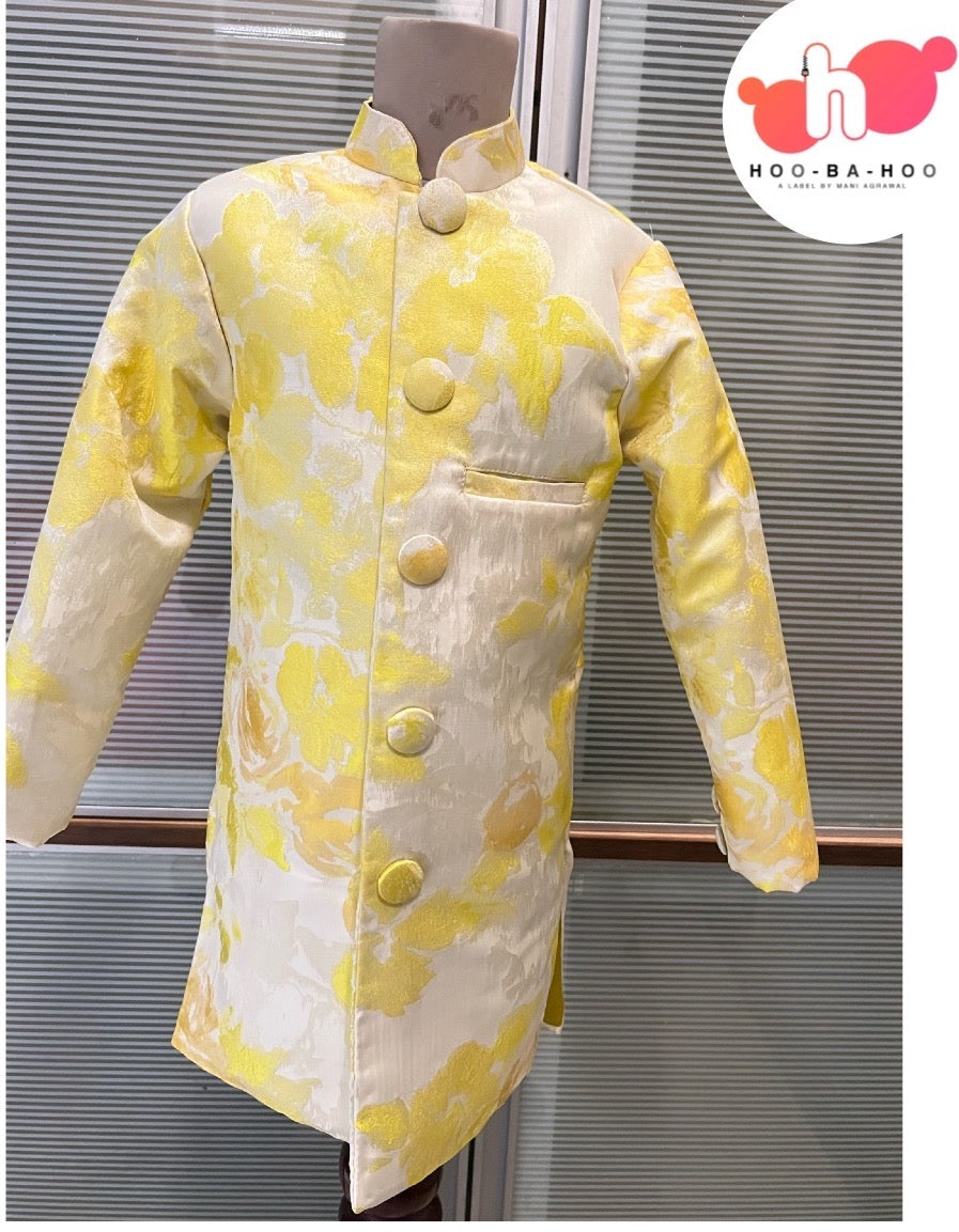 yellow jacquard floral achkan set