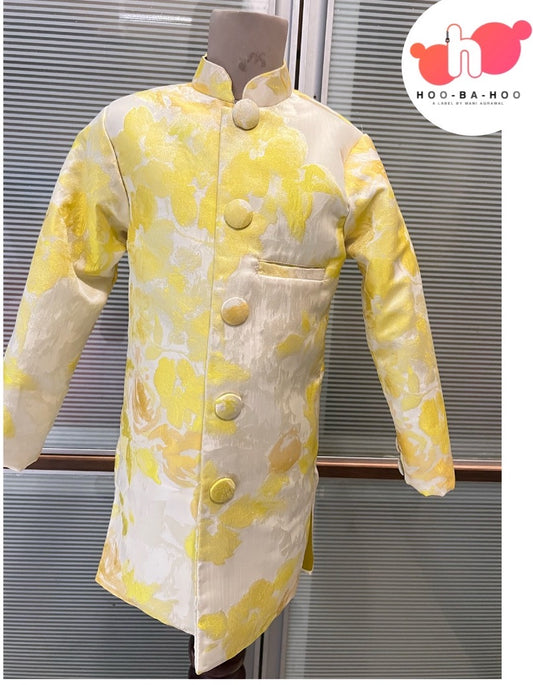 yellow jacquard floral achkan set
