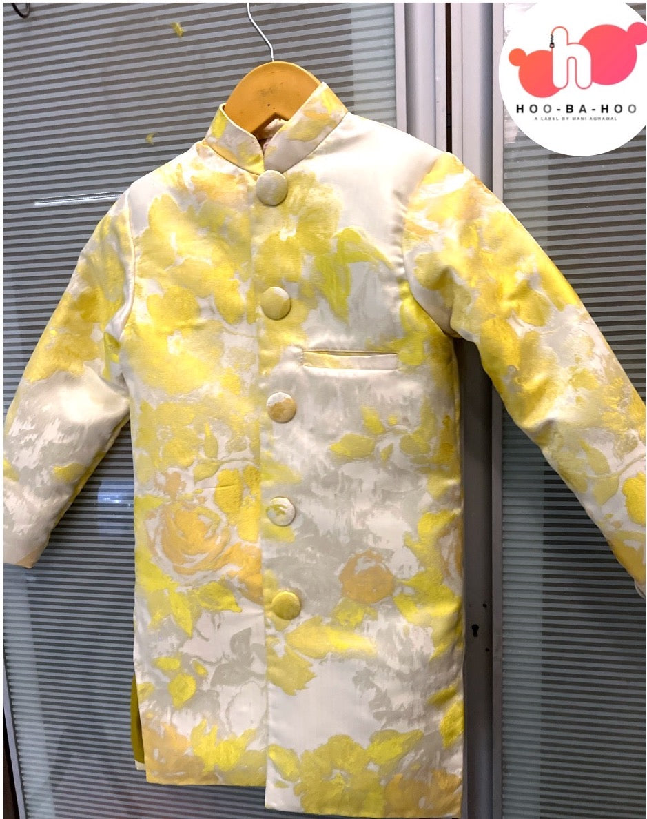 yellow jacquard floral achkan set